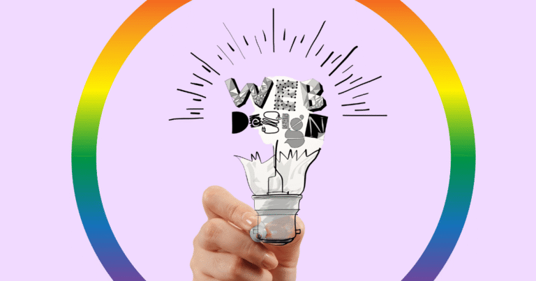 Mano dibujando una bombilla rota con texto 'Web Design' en colores LGTBI+
