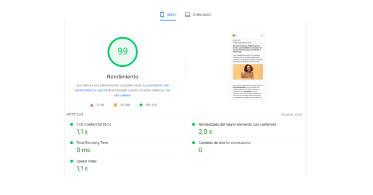 Captura de Google PageSpeed Insights con rendimiento 99% en Core Web Vitals