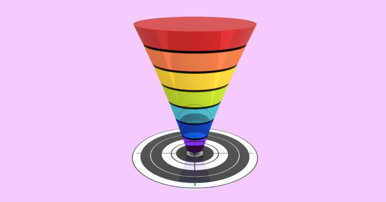 Embudo de ventas con colores LGTBI+ apuntando a la diana de la conversión (CRO)