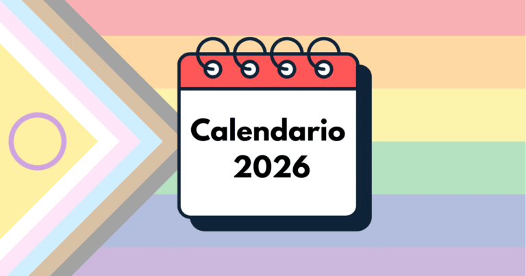 Calendario 2026 superpuesto sobre la Bandera LGTBI+ del Progreso, mostrando sus franjas de colores. Icono representativo de planificación y diversidad.