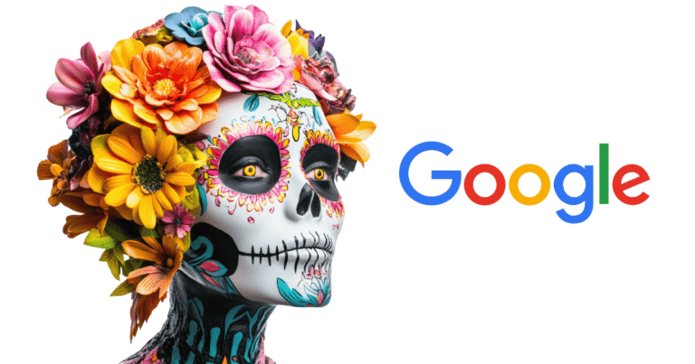 Calavera con flores y logo de Google simbolizando la muerte del SEO antiguo