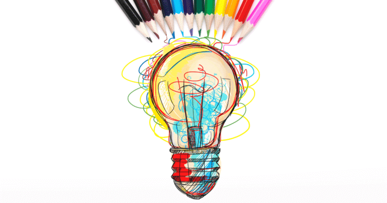 Ilustración de una bombilla encendida siendo dibujada simultáneamente por múltiples lápices de colores, representando la creación de estrategias para las tendencias digitales de 2026.