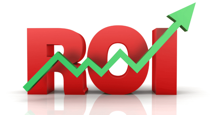 Gráfico de barra con las letras ROI en grande y una flecha verde ascendente que simboliza el Retorno de la Inversión en SEO