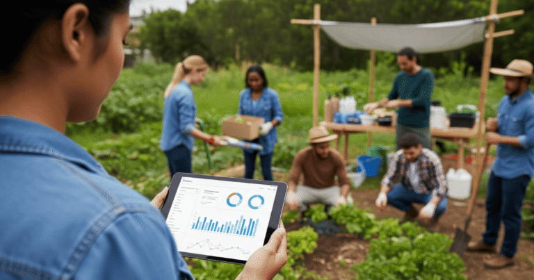 Fotografía panorámica de un equipo de voluntarios de una ONG trabajando en un huerto comunitario y organizando suministros, con una tablet en primer plano mostrando gráficos de datos.