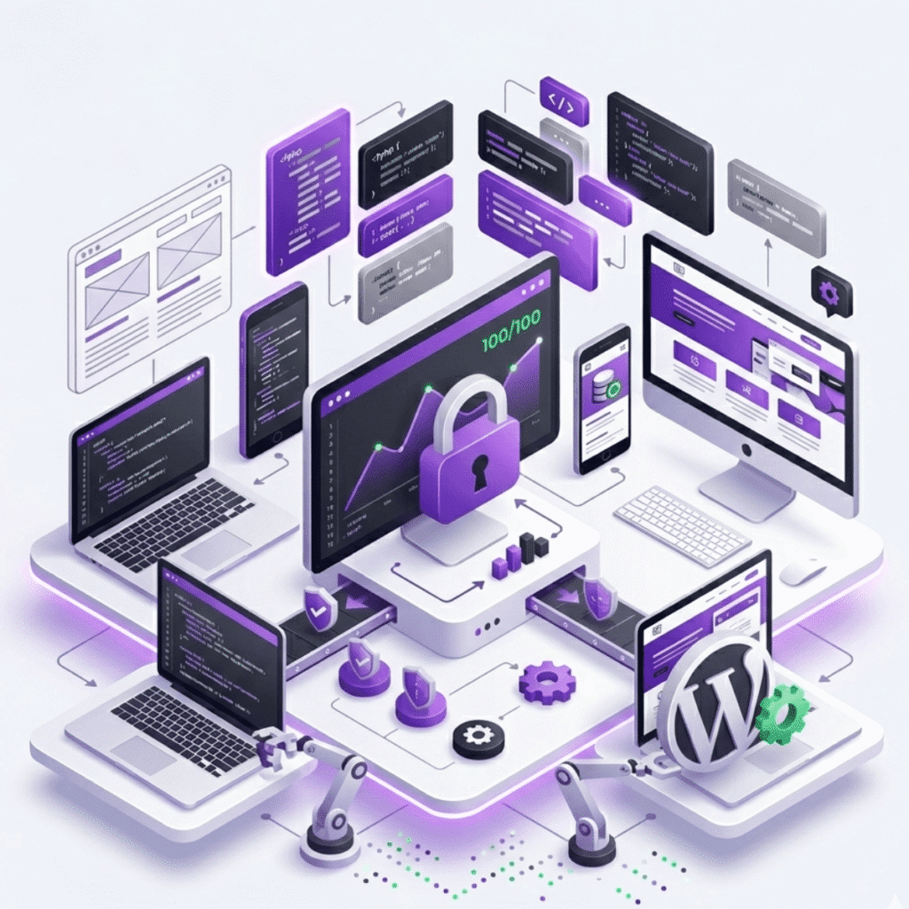 Ilustración isométrica en 3D sobre mantenimiento y optimización web con WordPress, destacando un candado de seguridad, gráficas de rendimiento técnico con score 100/100, soporte automatizado y pantallas interconectadas en tonos morados y grises sobre fondo blanco.